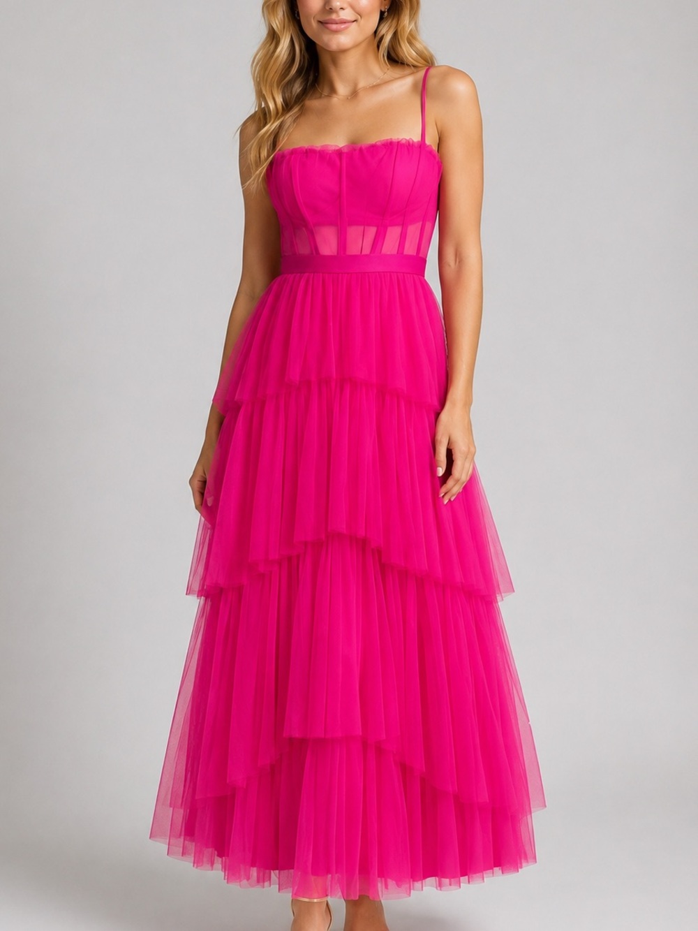 🆕💖NEXT/UP Neon Pink Tiered Mesh Corset Maxi Gown Prom Party Dress Size 9/10 Prom
